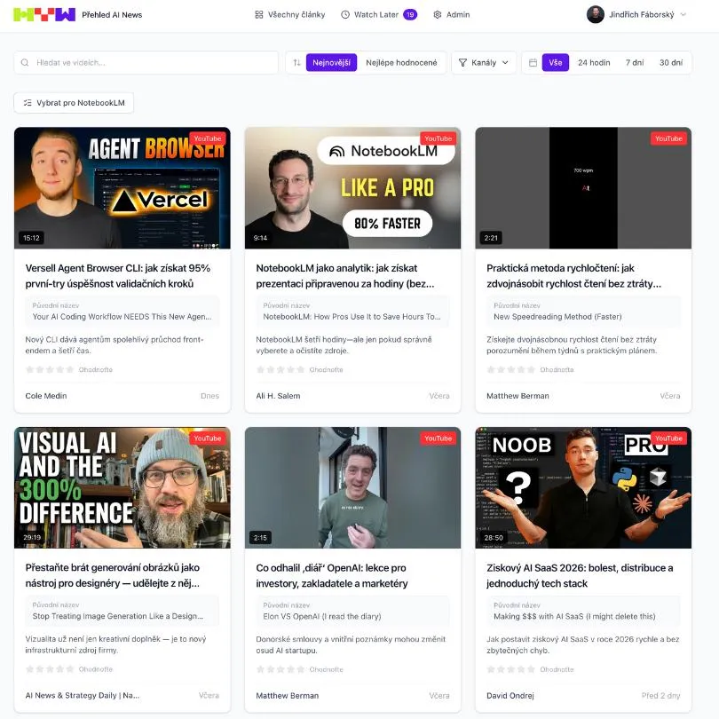 AI News – agregátor YouTube novinek s AI shrnutím