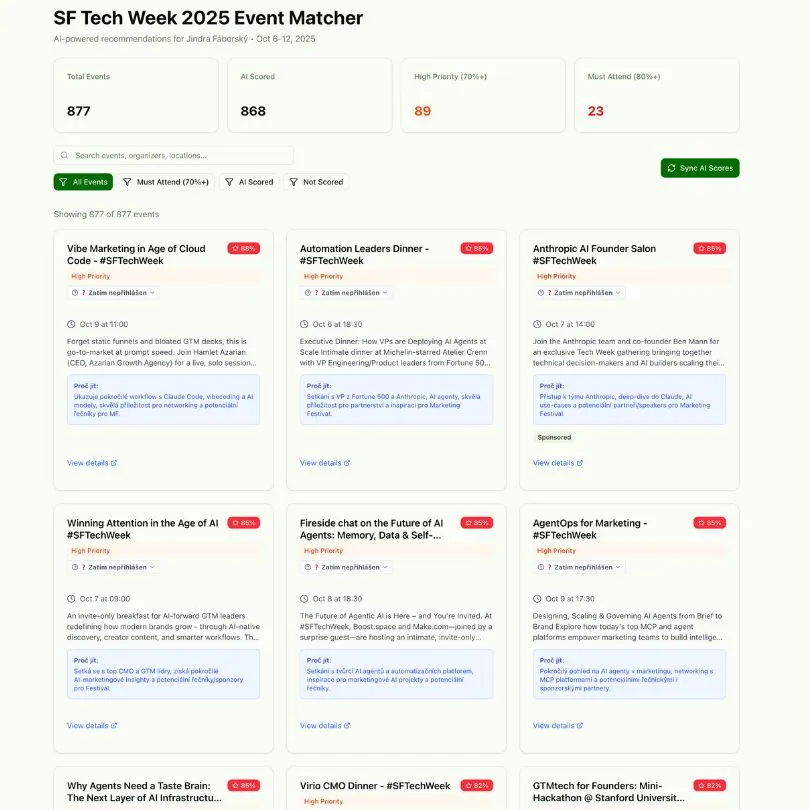 Objevování akcí na Tech Week SF (AI scoring)