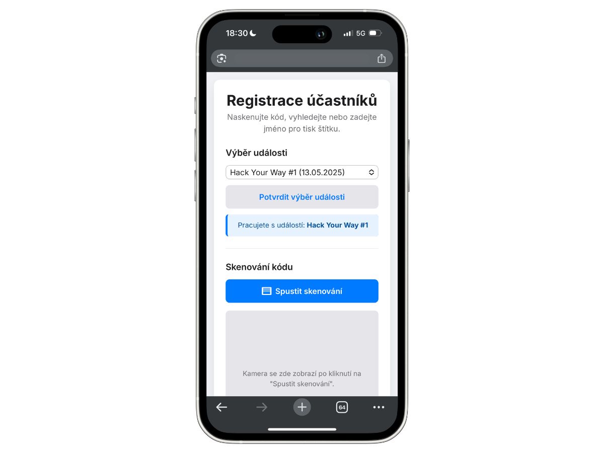 Mobilní rozhraní - skenování QR kódů na vstupu do akce