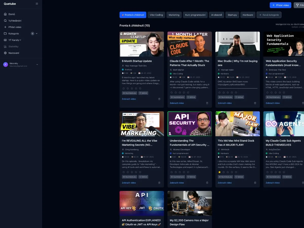 QueTube - Hlavní dashboard s kategoriemi videí