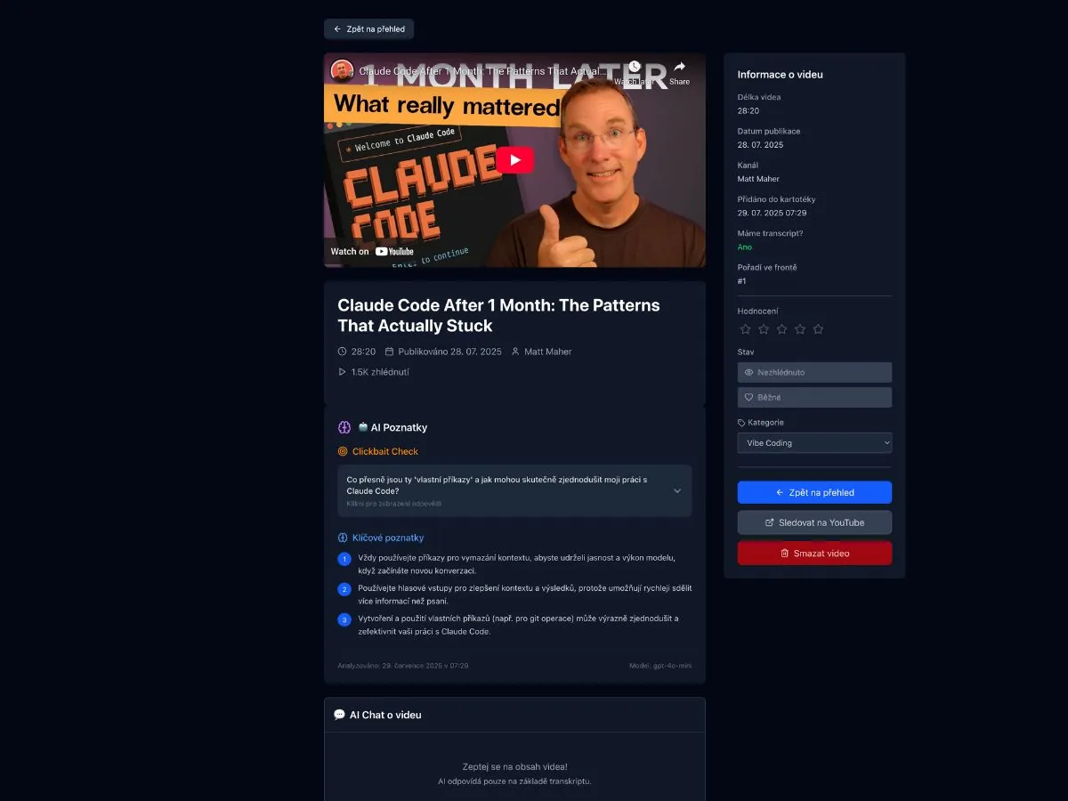 QueTube - Detail videa s AI analýzou a clickbait checkerem