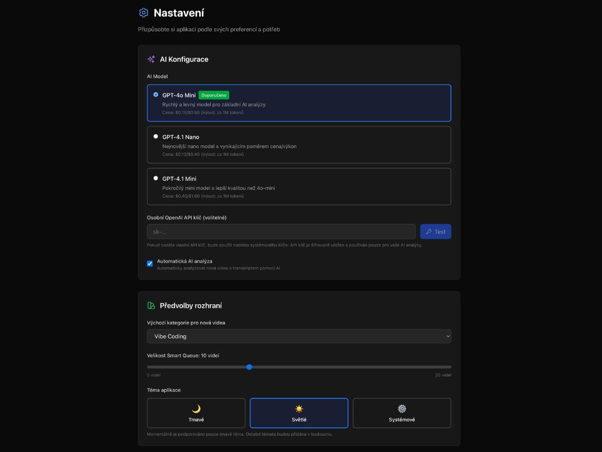 QueTube - Nastavení AI a konfigurace aplikace